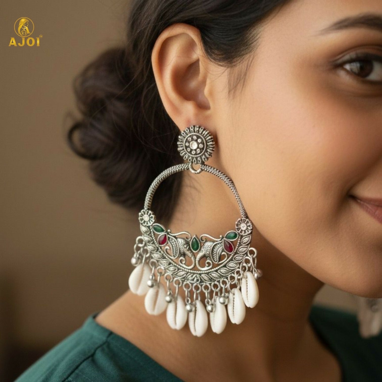 Oxidized Silver Shell Chandbali Earrings – Handcrafted Royal Motifs