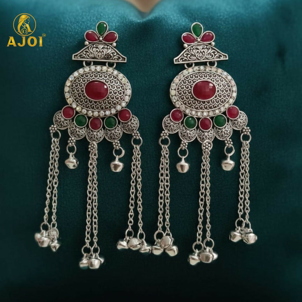 Kashmiri Oxidised Silver Long Earrings – Ethnic Floral Design