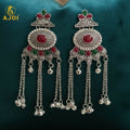 Kashmiri Oxidised Silver Long Earrings – Ethnic Floral Design