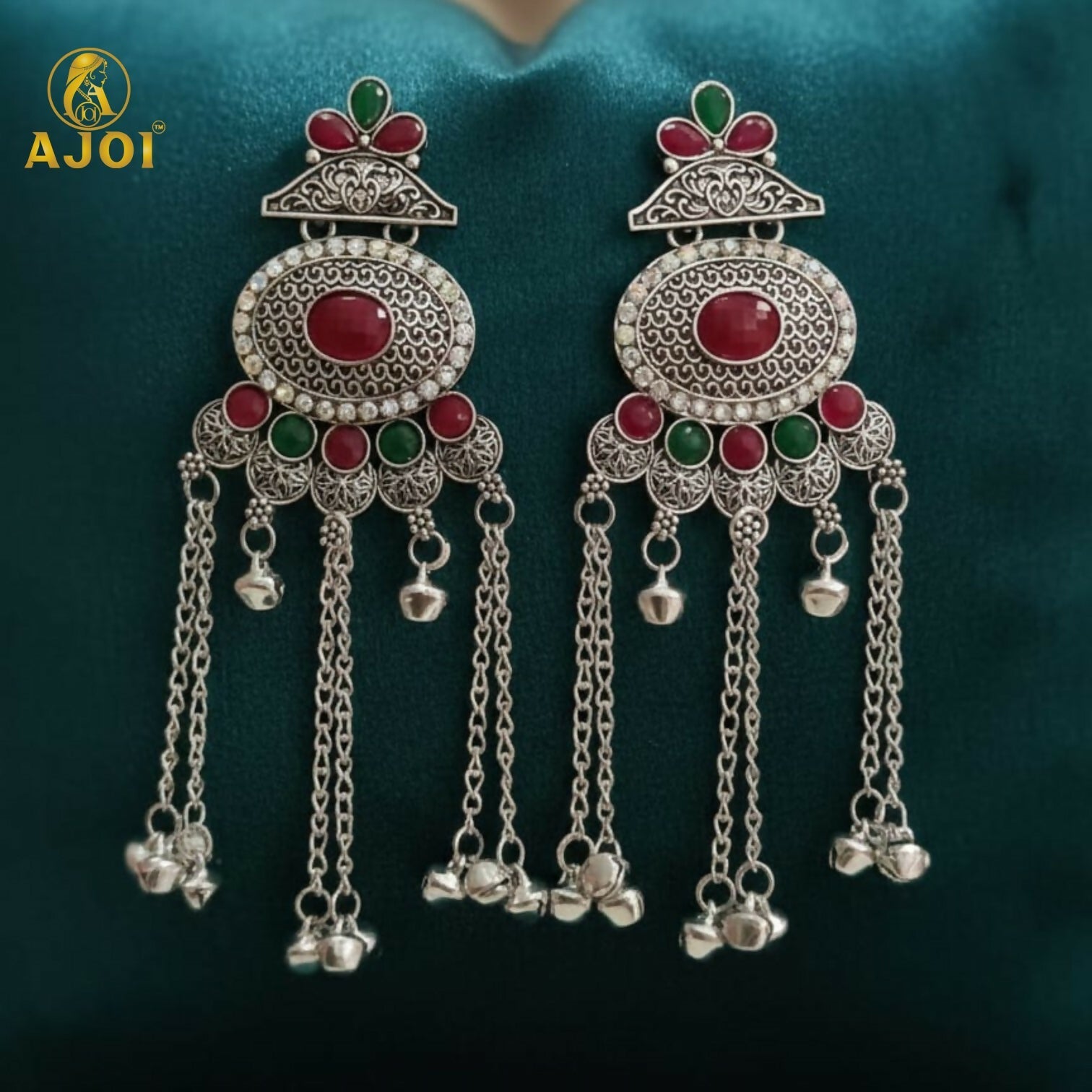 Kashmiri Oxidised Silver Long Earrings – Ethnic Floral Design