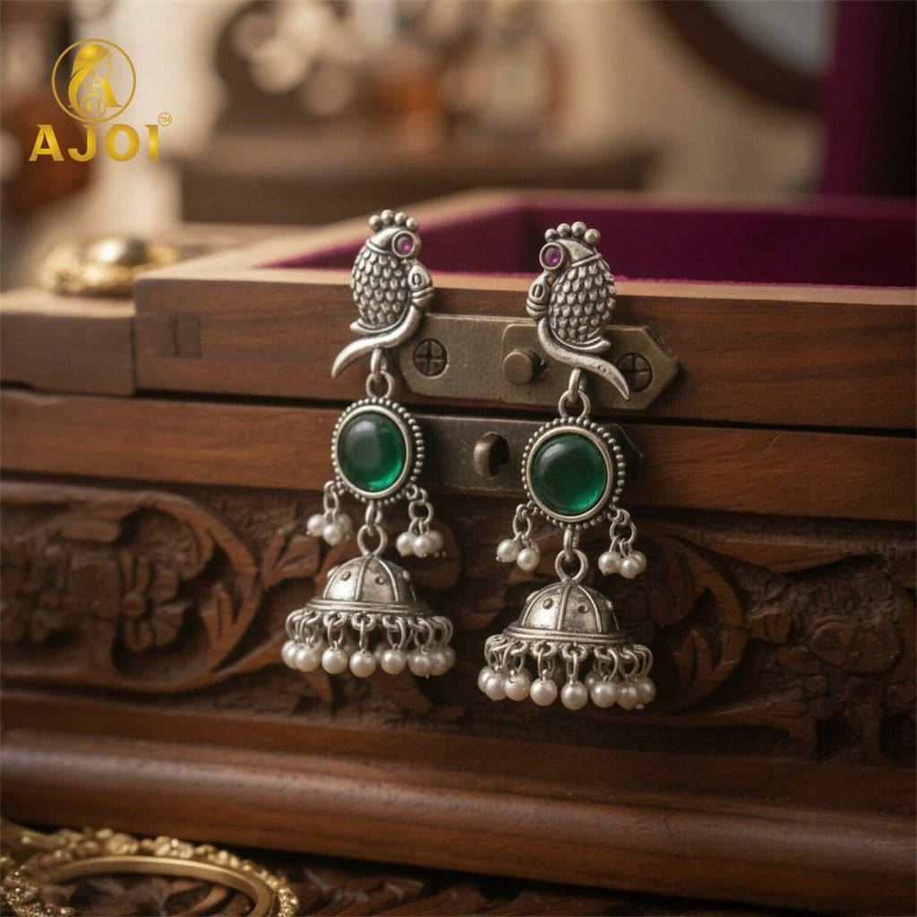 Peacock Jhumka Earrings – Antique Silver with Emerald & Pearls