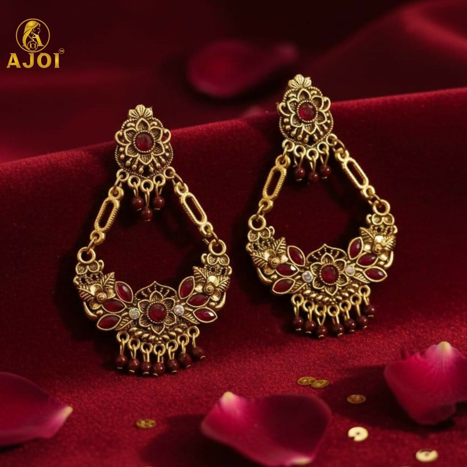 Maroon Floral Chandbali Earrings – Vintage Ethnic Elegance