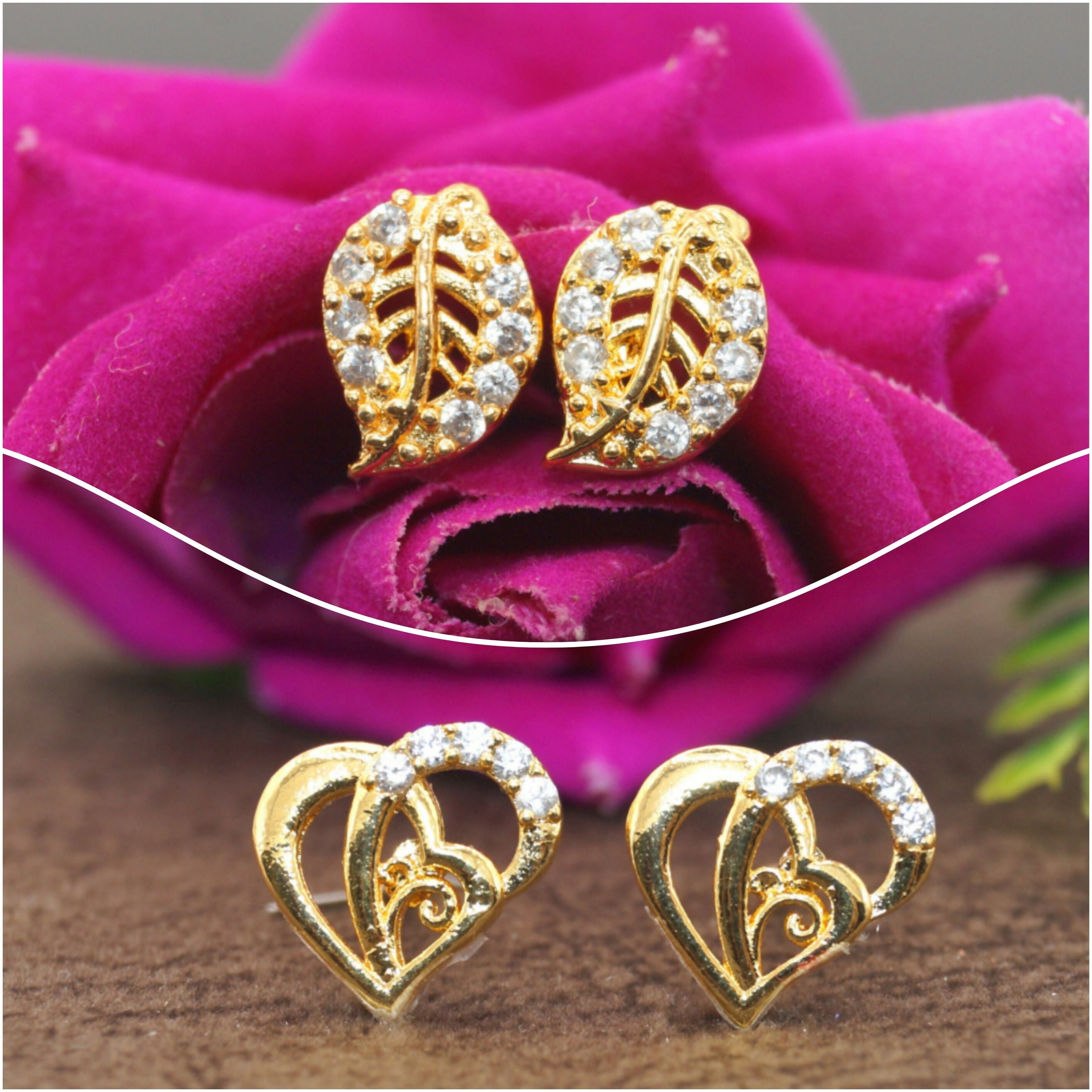 Gold Plated Stud Earrings Combo – Heart & Leaf Designs Pack