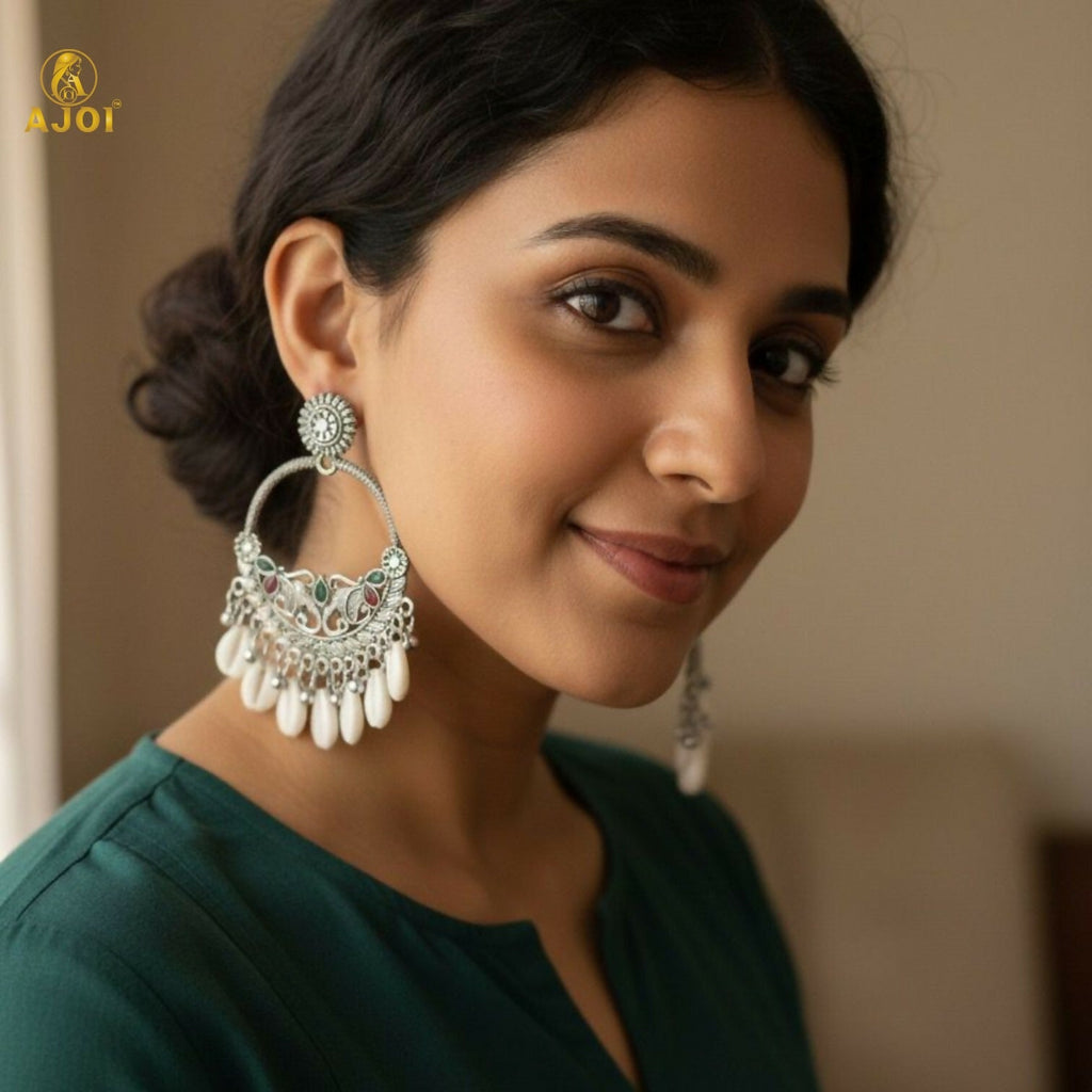 Oxidized Silver Shell Chandbali Earrings – Handcrafted Royal Motifs