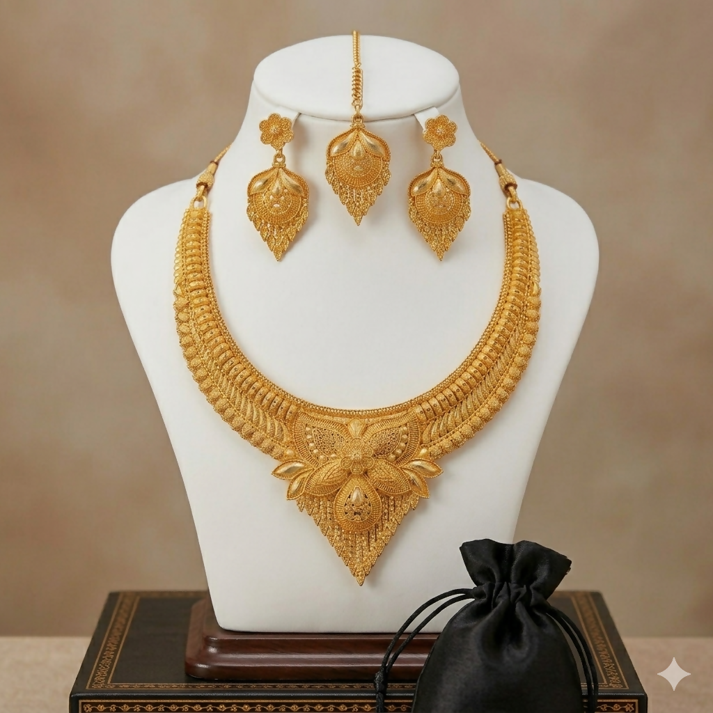 Royal Gold-Tone Statement Necklace Set with Drop Earrings and Maang Tikka for Women