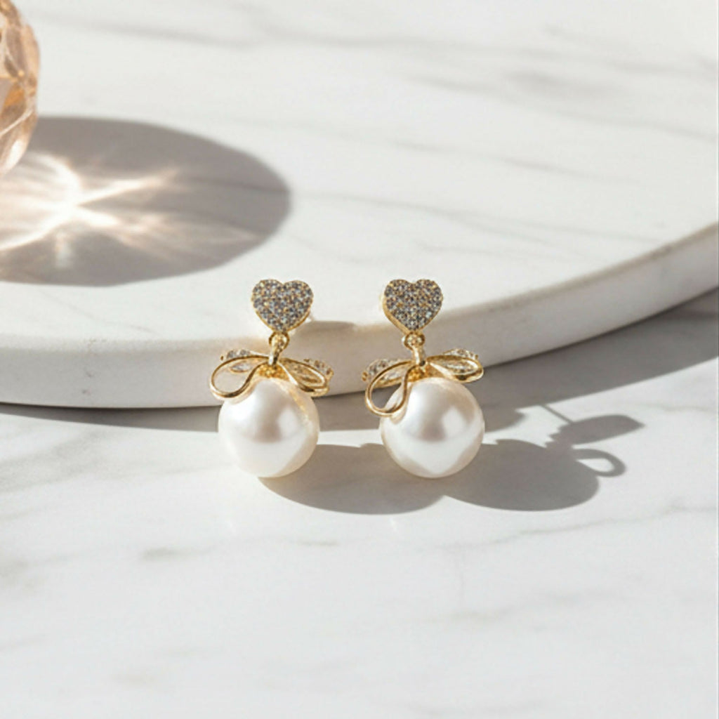 Heart Crystal Pearl Bow Earrings – 14K Gold Plated Elegance