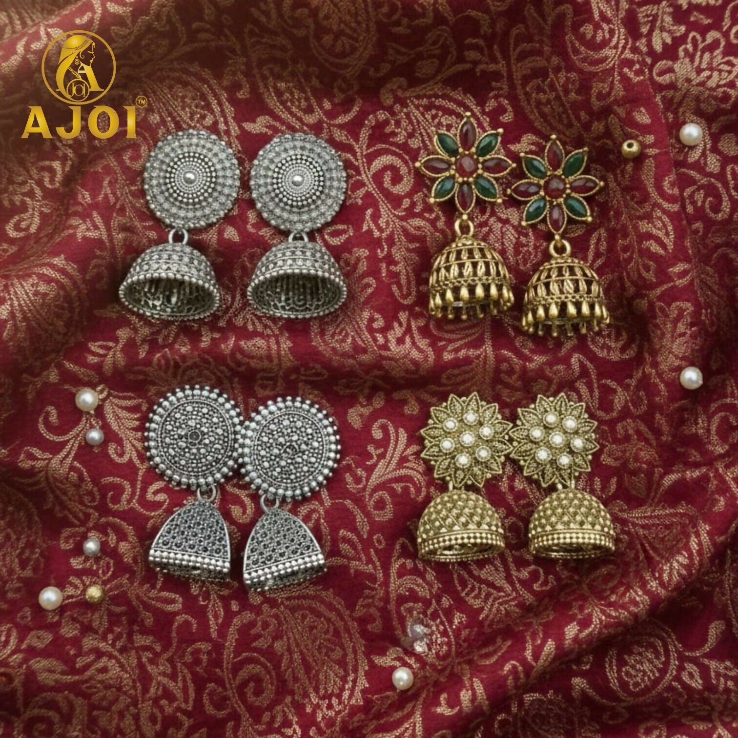 Royal Heritage Stud Earrings – Elegant Ethnic Jhumka Combo