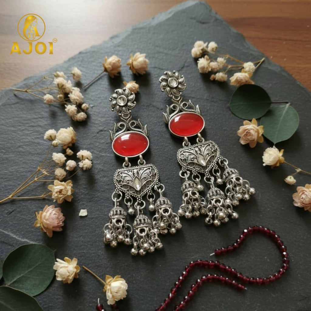 Oxidized Silver Jhumka Earrings – Red Stone & Ornate Filigree