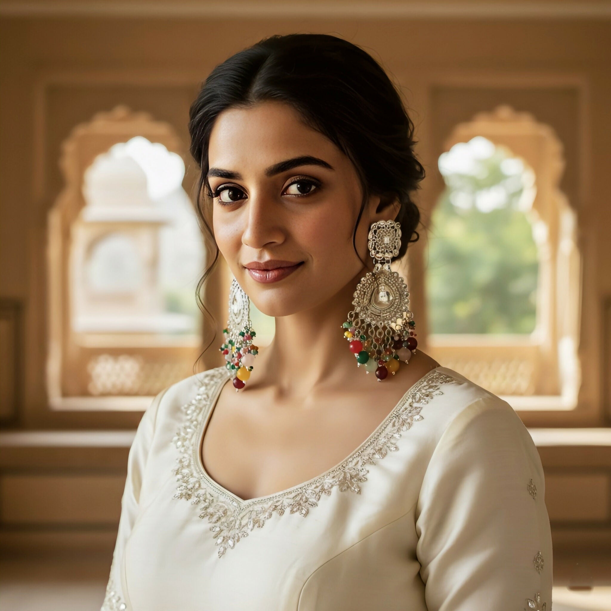 Oxidized Silver Chandbali Earrings – Multicolor Bead Drops