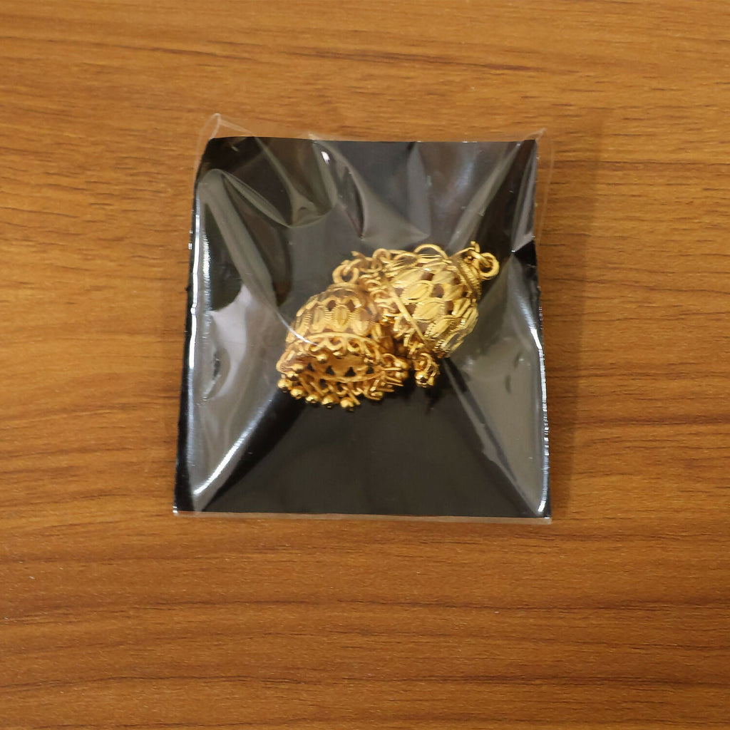 Gold Finish Jhumka – Intricate Cutwork with Hanging Beads
