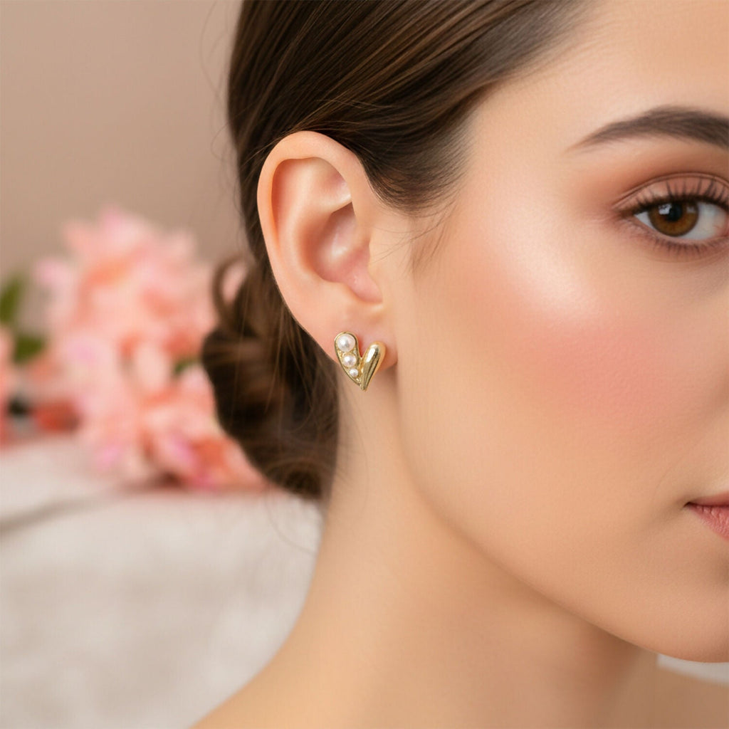 Gold Pearl Heart Stud Earrings – Elegant Korean Style for Women