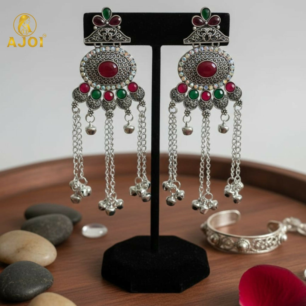 Kashmiri Oxidised Silver Long Earrings – Ethnic Floral Design