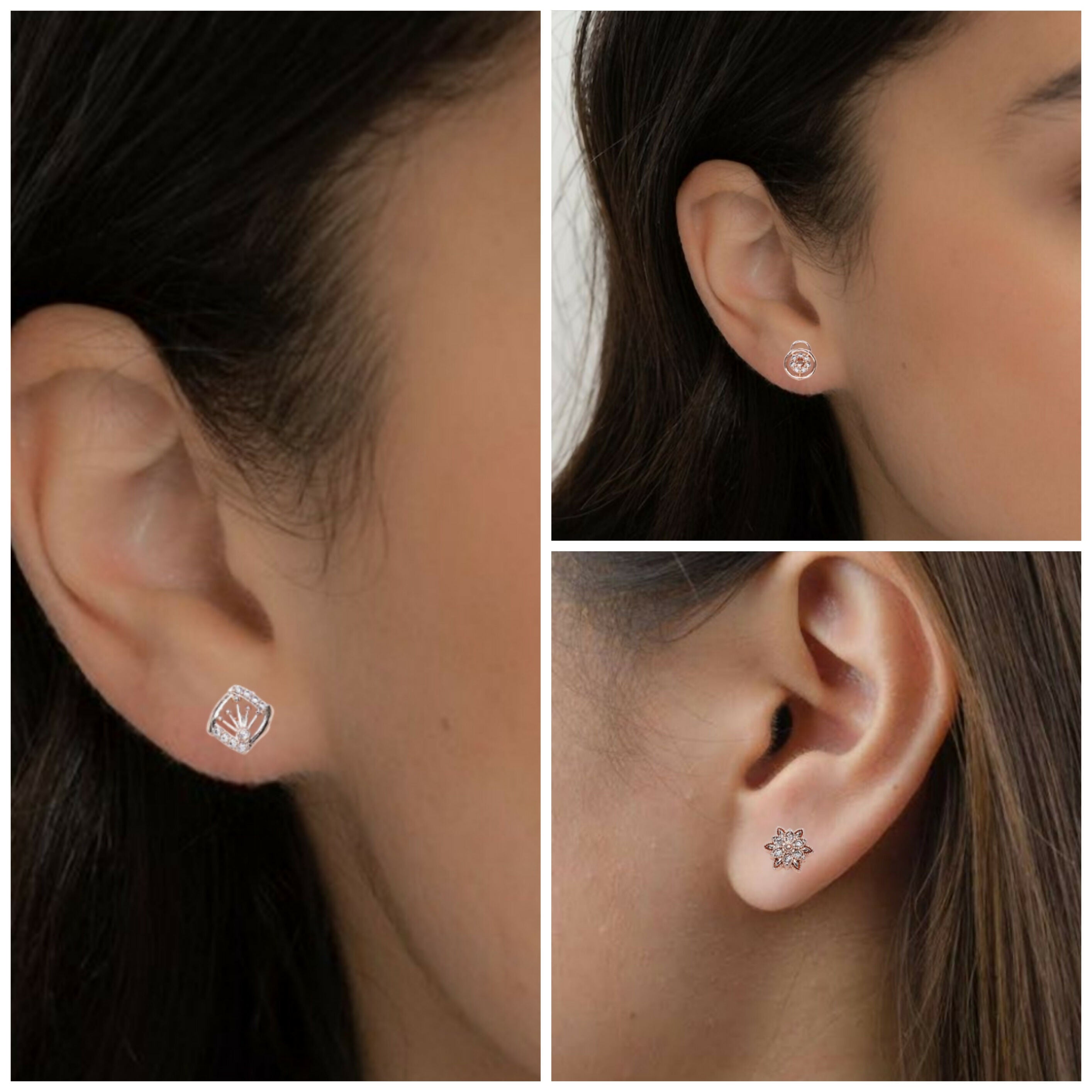 Rose Gold Stud Earrings Set – 3 Pair Combo with Diamond Look