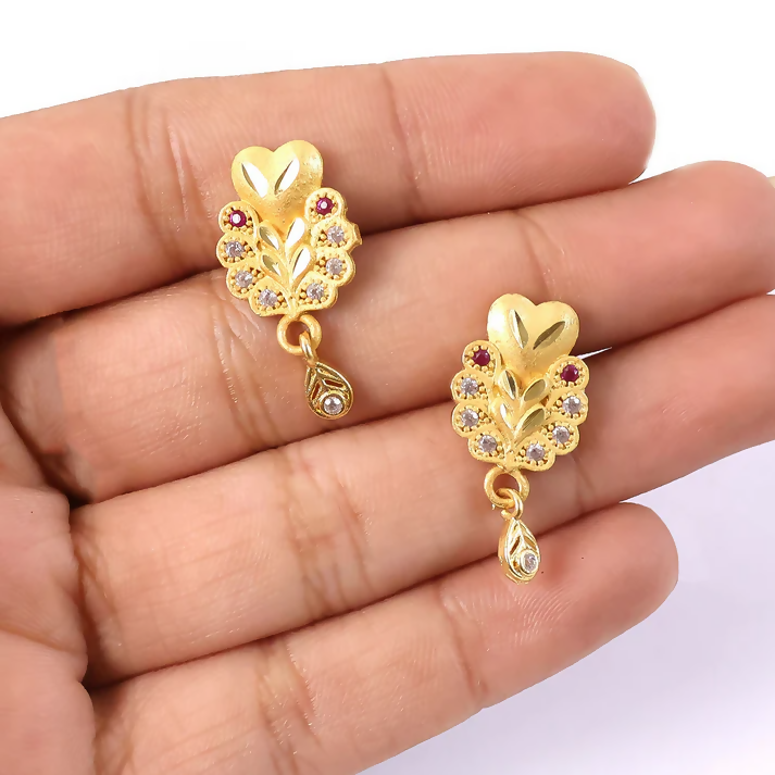 Gold Stud Earrings with Floral Design and Teardrop Dangle