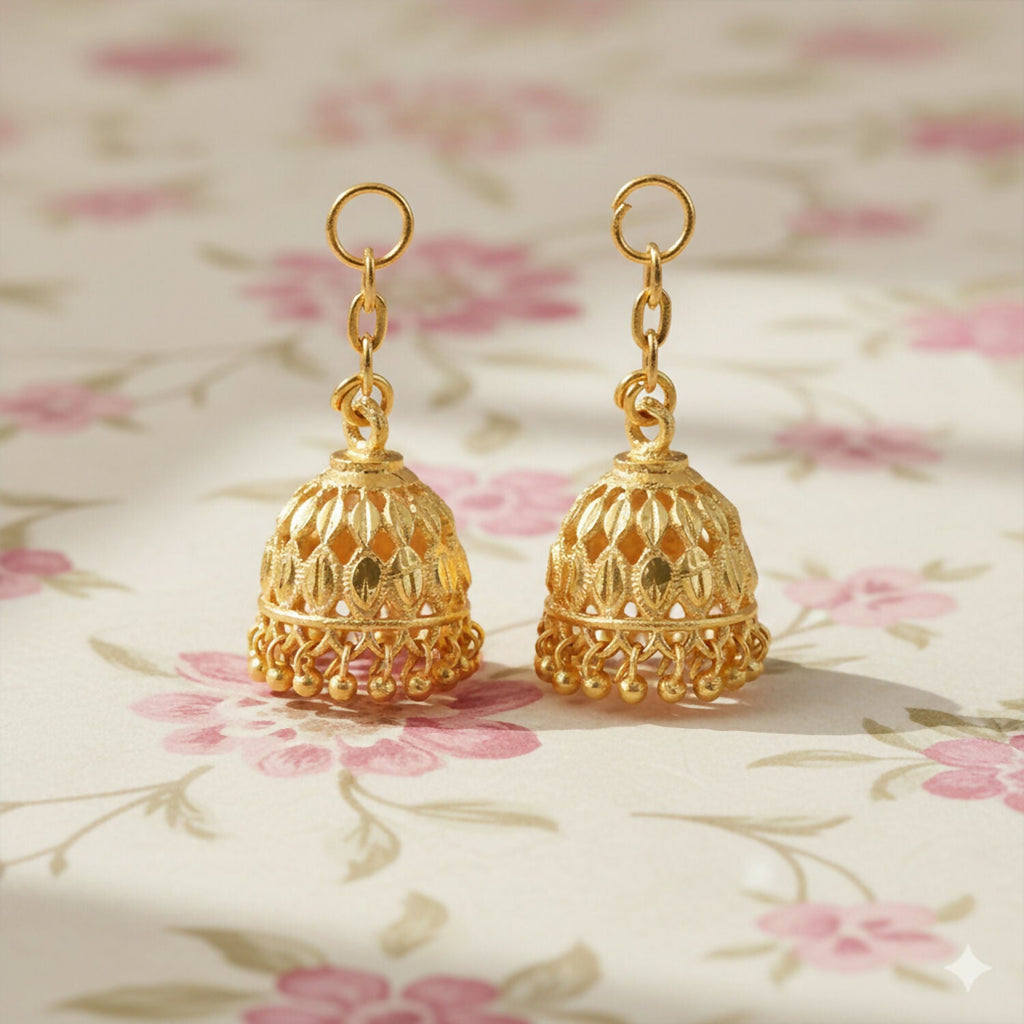 Gold Finish Jhumka – Intricate Cutwork with Hanging Beads