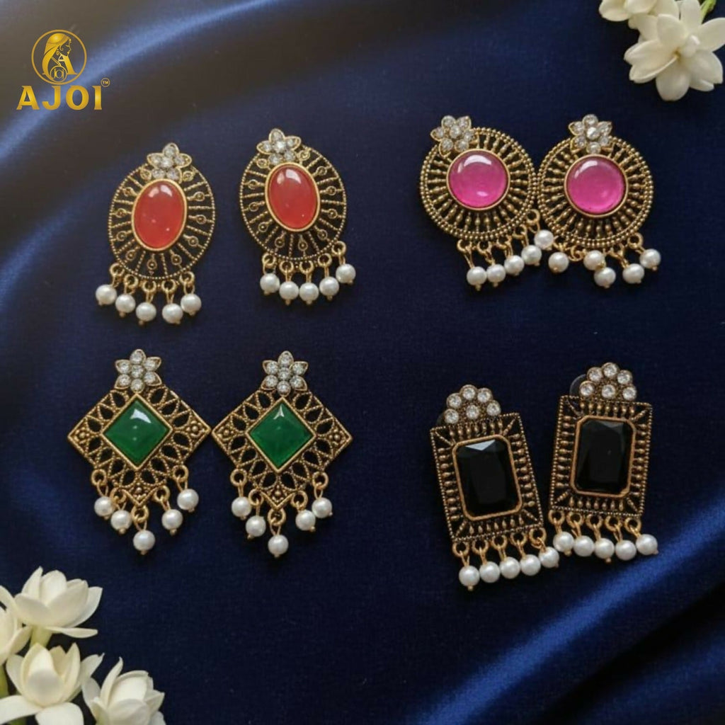 Antique Stone & Pearl Drop Earrings Combo – 4 Designer Pairs