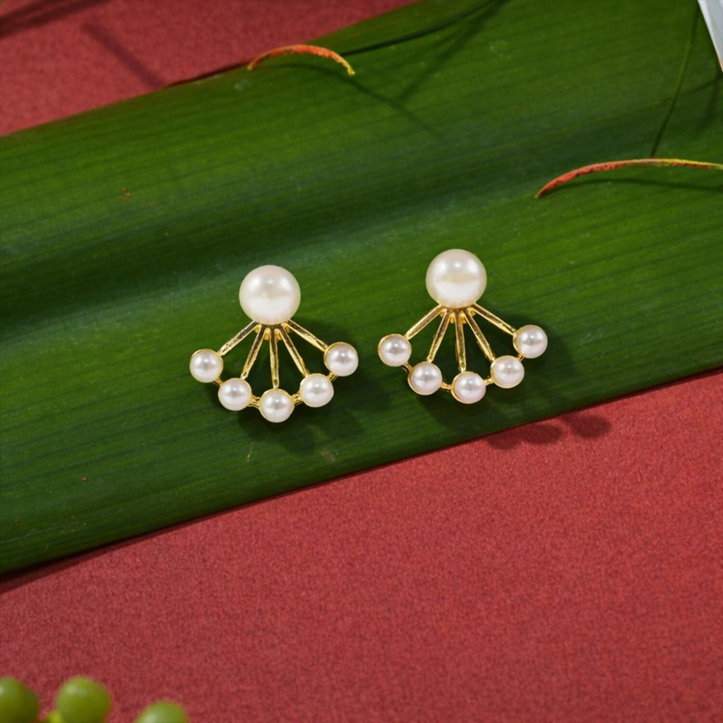Pearl Stud Earrings – Elegant Korean Fan Design for Women