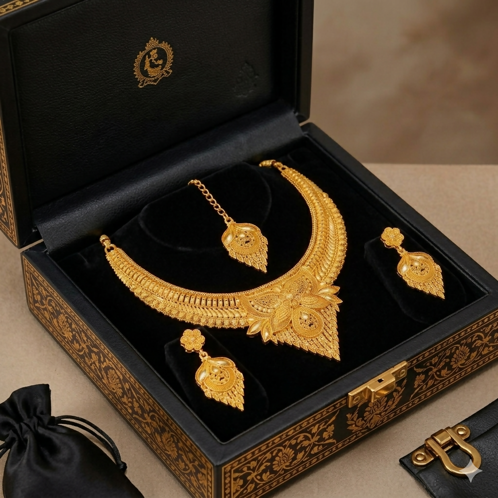 Royal Gold-Tone Statement Necklace Set with Drop Earrings and Maang Tikka for Women