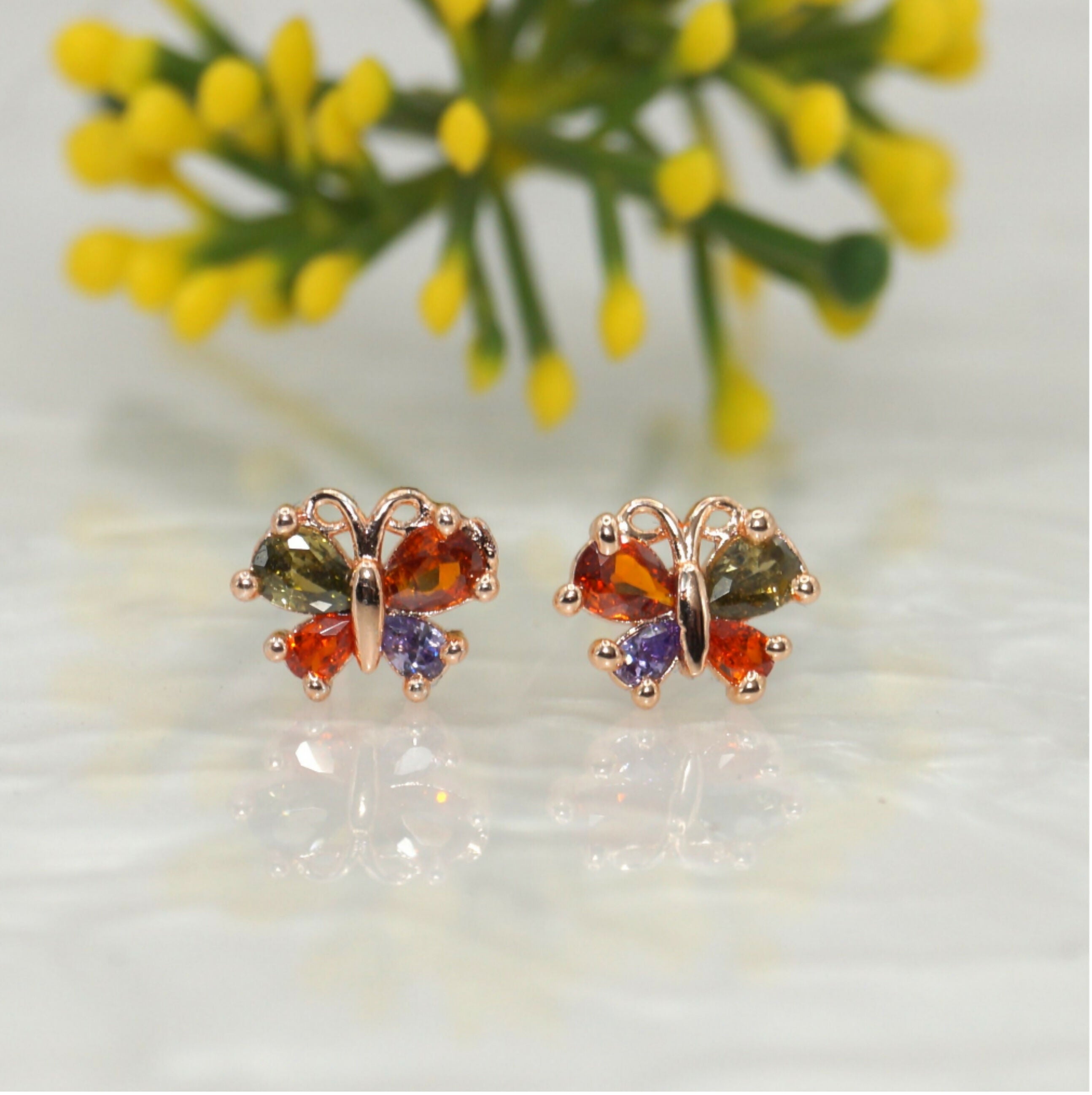 Butterfly Stud Earrings – Multi-Color CZ Rose Gold Finish