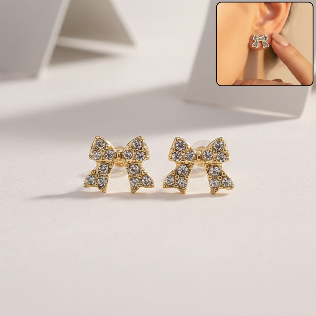 Crystal Bow Stud Earrings – Elegant Gold Plated Rhinestone Design