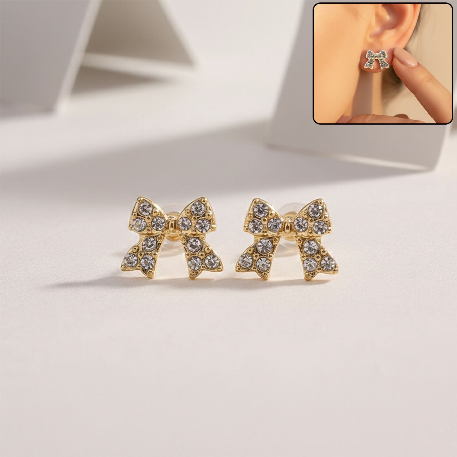 Crystal Bow Stud Earrings – Elegant Gold Plated Rhinestone Design