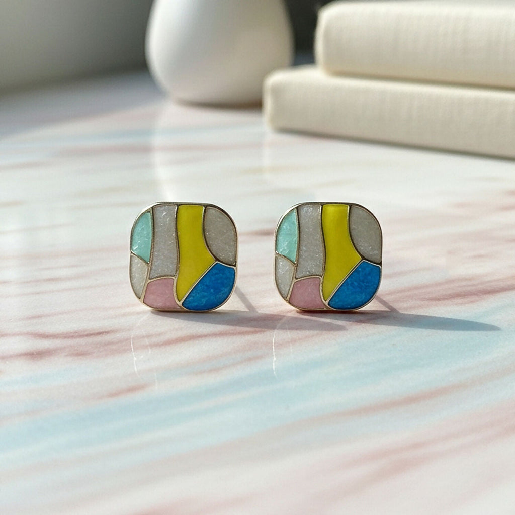 Multicolor Enamel Stud Earrings – Korean Style Geometric Design