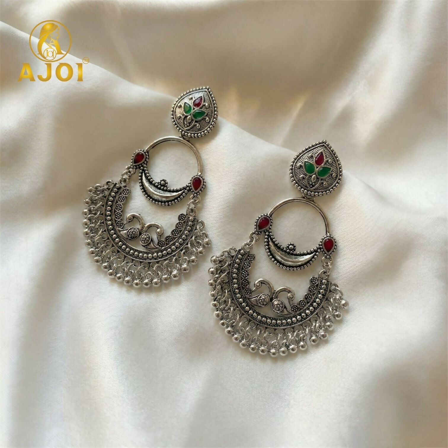 Oxidised Silver Peacock Chandbali Earrings – Vintage Ethnic Charm