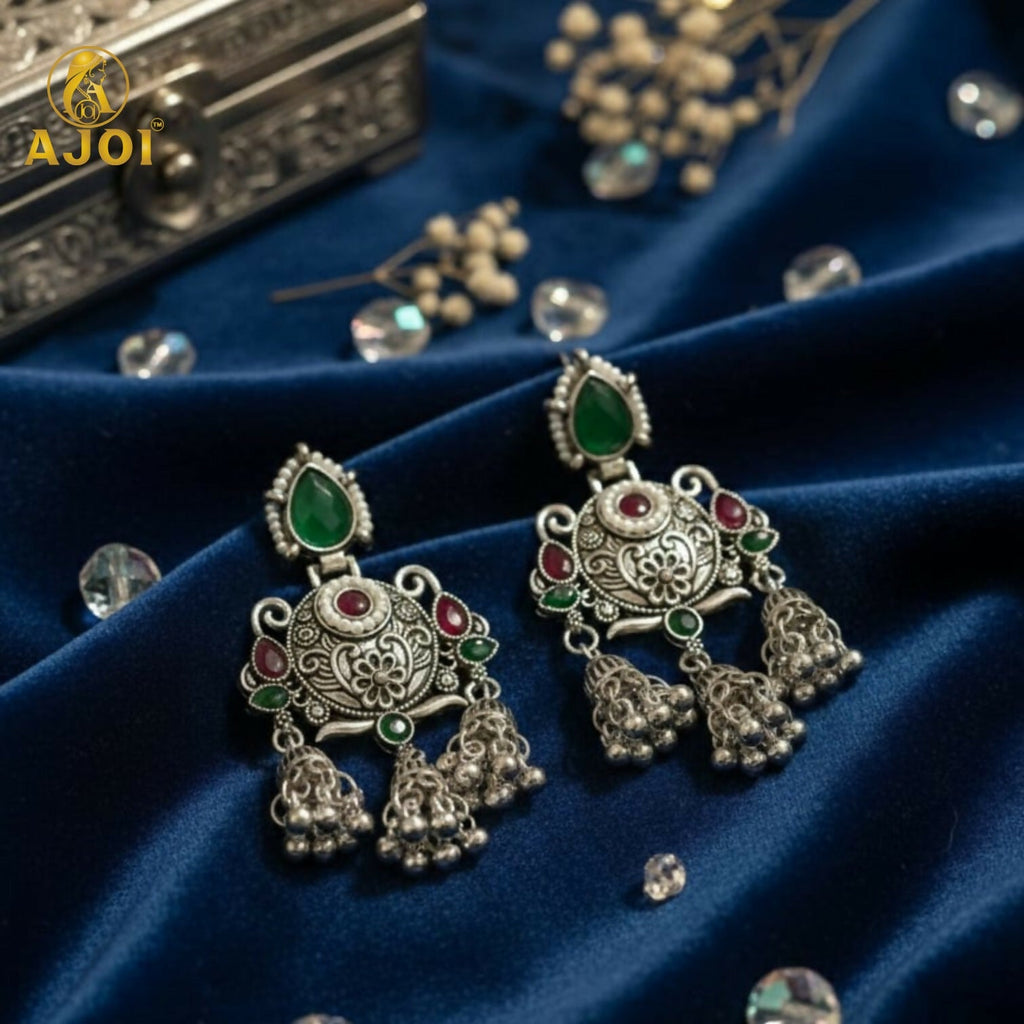 Oxidised Chandbali Jhumka Earrings – Elegant Green & Red Stones