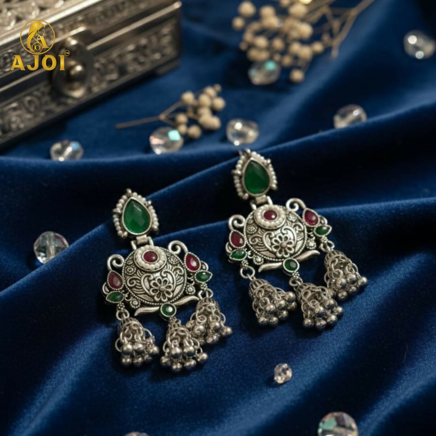 Oxidised Chandbali Jhumka Earrings – Elegant Green & Red Stones