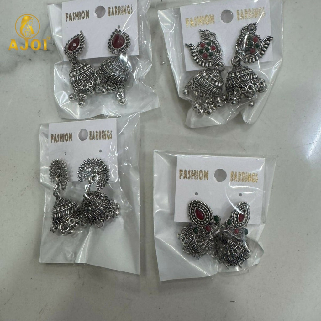 Oxidised Silver Jhumka Earrings Set – 4 Pairs with Intricate Stone Detailing