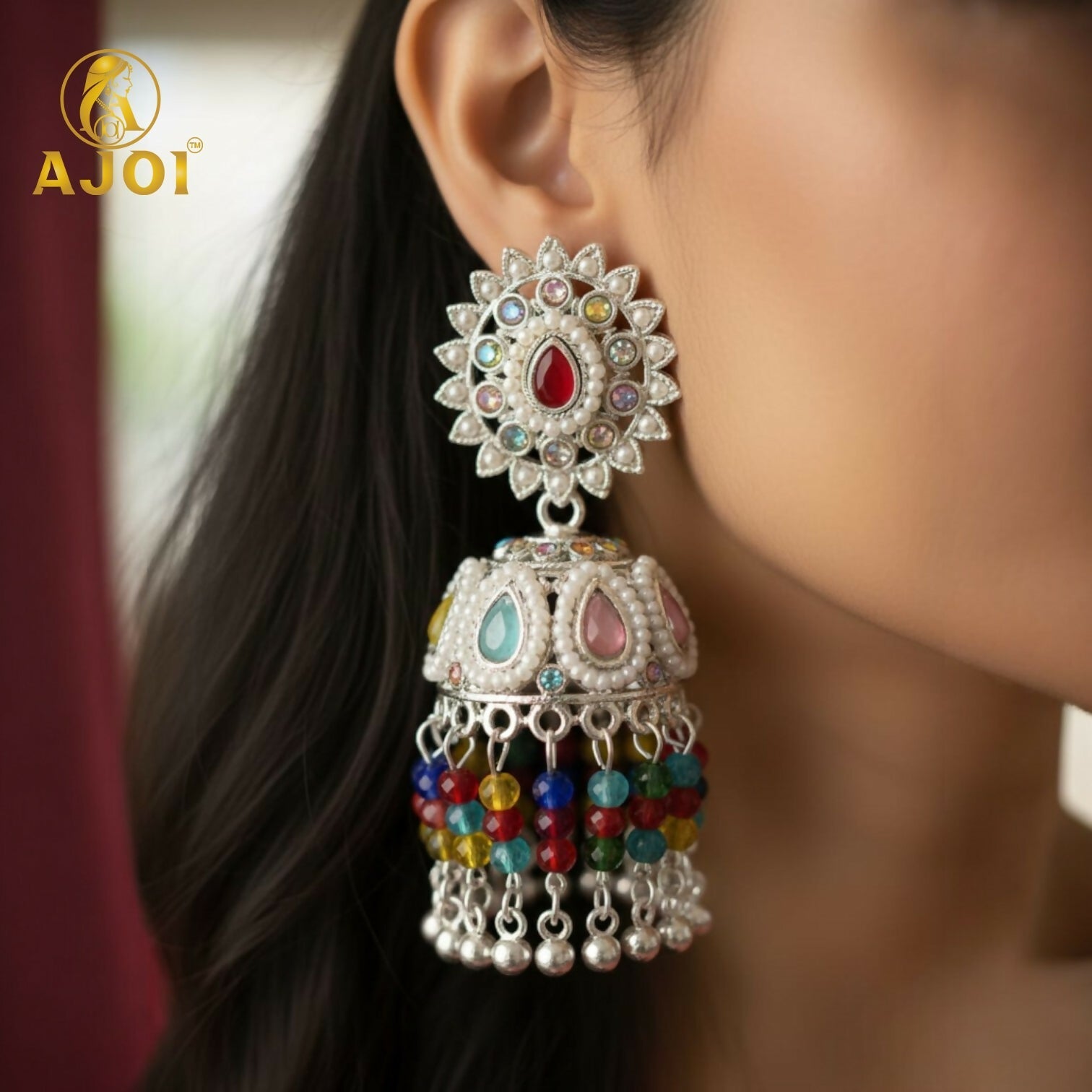 Silver Kundan Jhumka Earrings – Multicolor Tassels & Pearl Accents