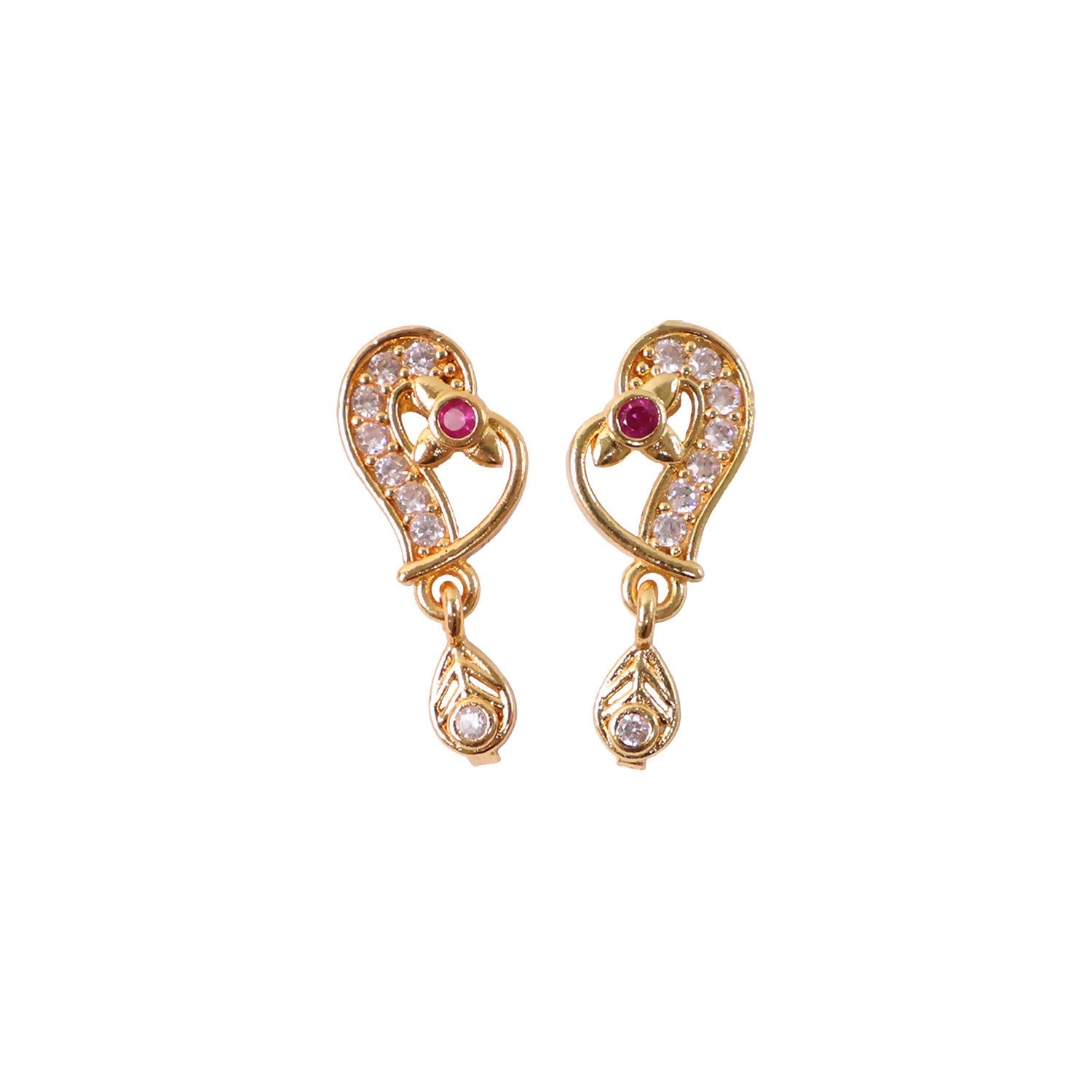 Gold Paisley Drop Earrings with Ruby Accent – Elegant Festive Jewellery