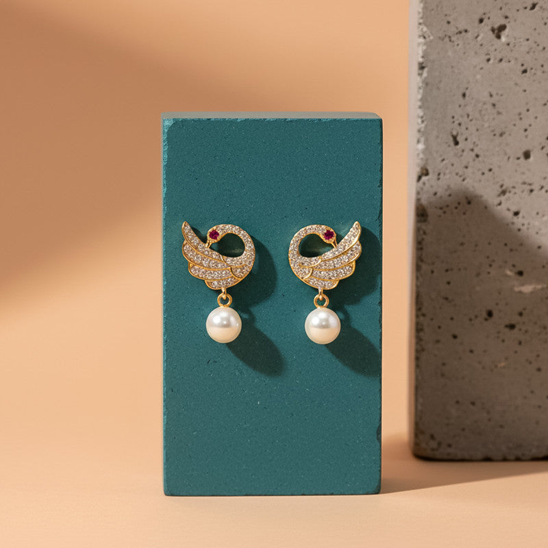 Pearl Drop Swan Stud Earrings – Elegant Crystal & Gold Finish