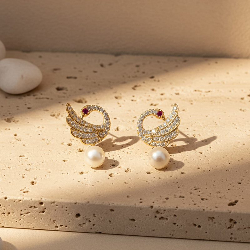 Pearl Drop Swan Stud Earrings – Elegant Crystal & Gold Finish