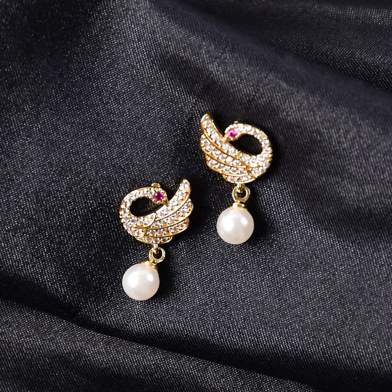 Pearl Drop Swan Stud Earrings – Elegant Crystal & Gold Finish
