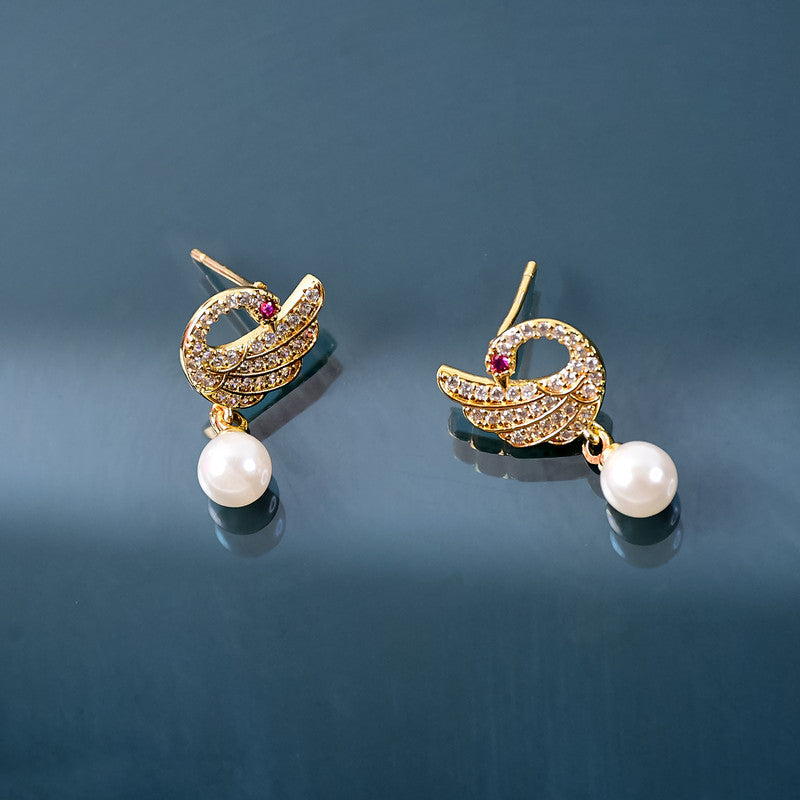 Pearl Drop Swan Stud Earrings – Elegant Crystal & Gold Finish