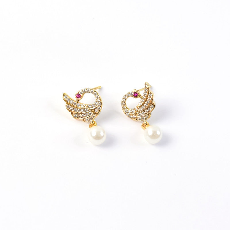 Pearl Drop Swan Stud Earrings – Elegant Crystal & Gold Finish