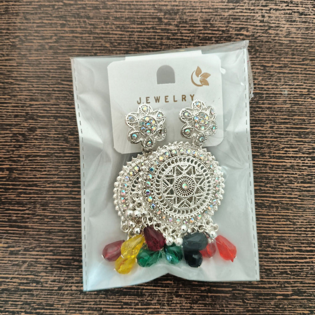 Oxidized Silver Mandala Drop Earrings with Multi-Color Crystals