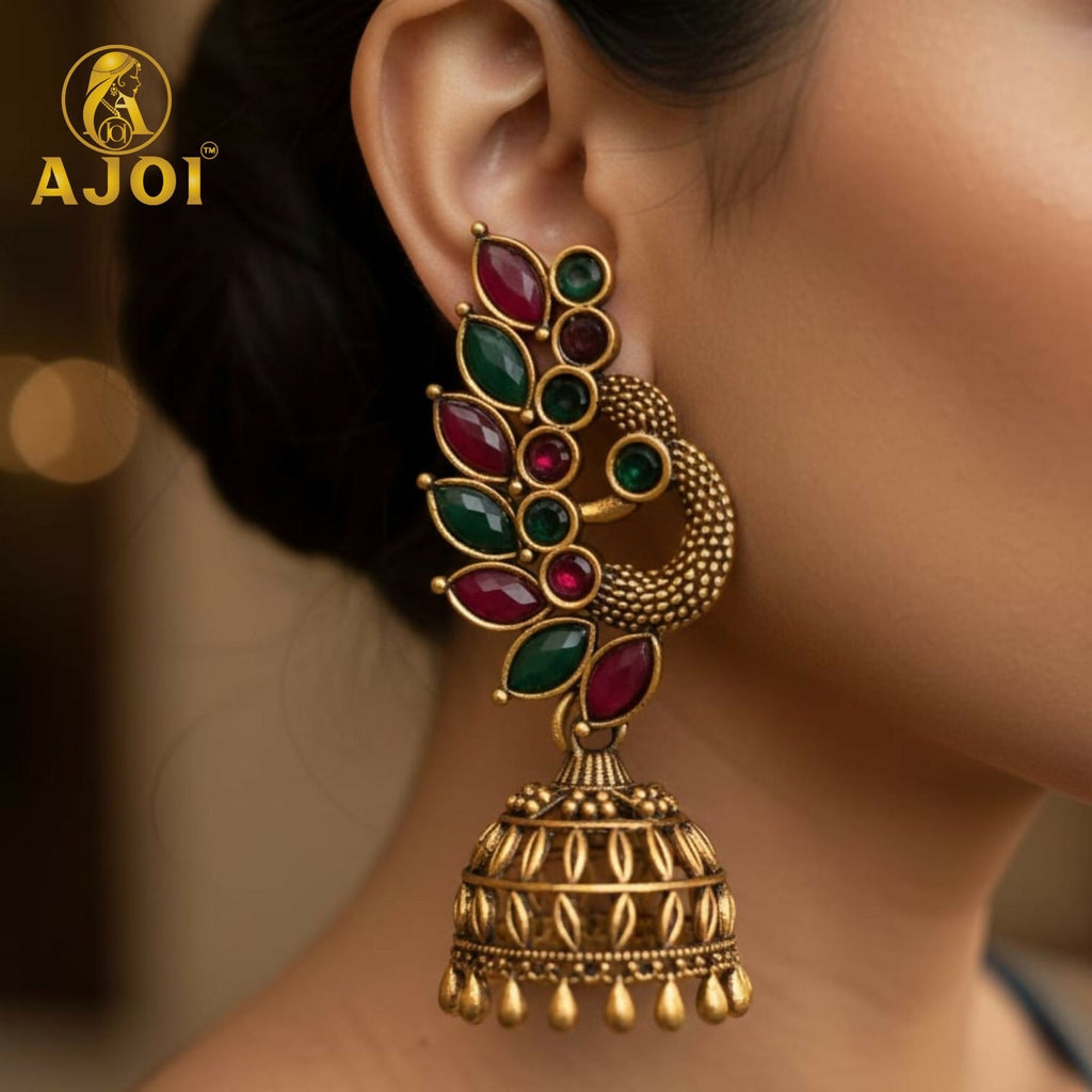 Peacock Temple Earrings Combo – Elegant Oxidized Silver & Antique Gold