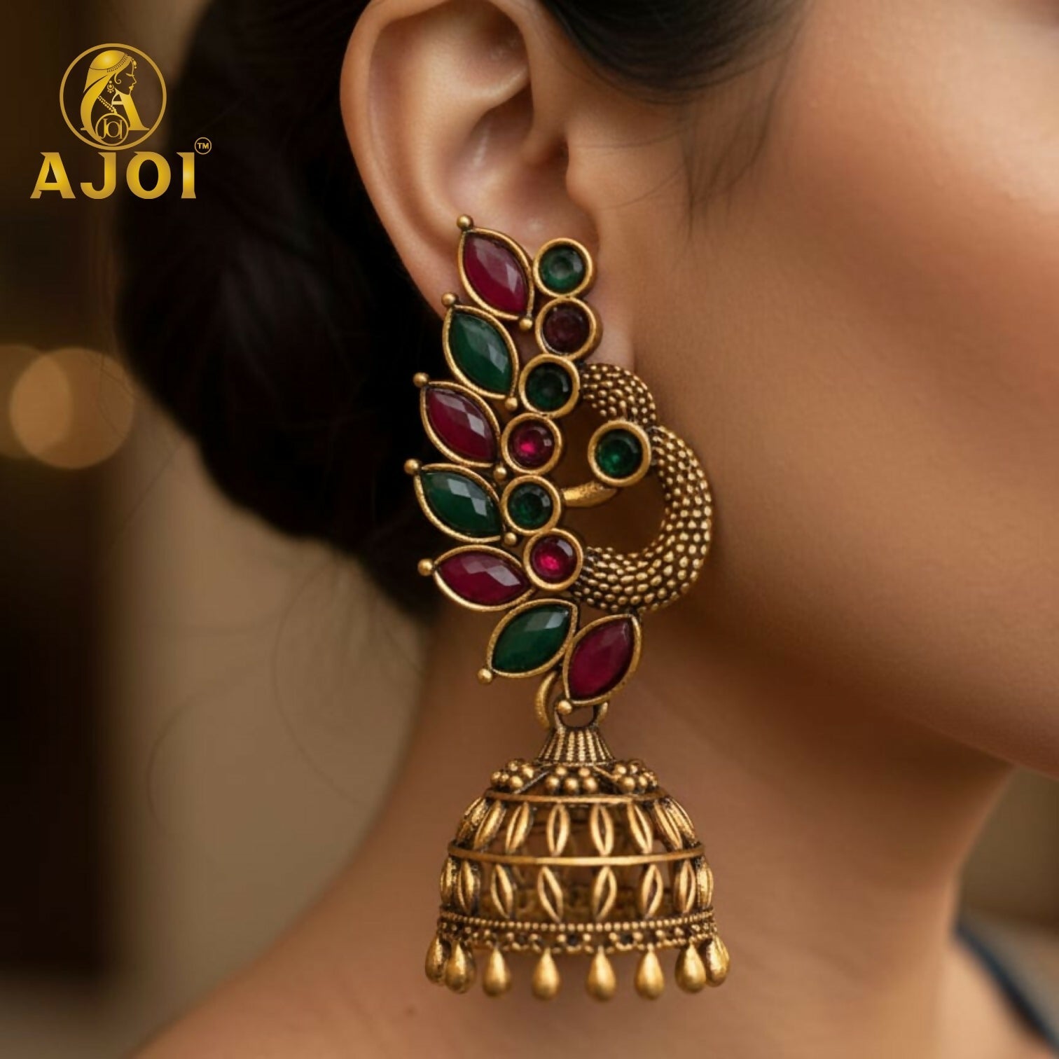 Peacock Temple Earrings Combo – Elegant Oxidized Silver & Antique Gold