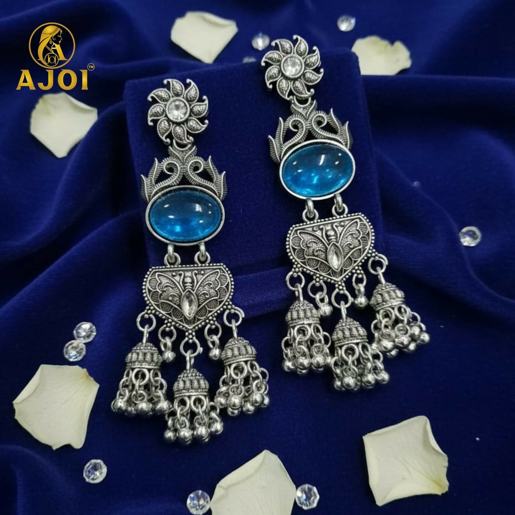 Oxidized Silver Turquoise Jhumka Earrings – Intricate Filigree Design