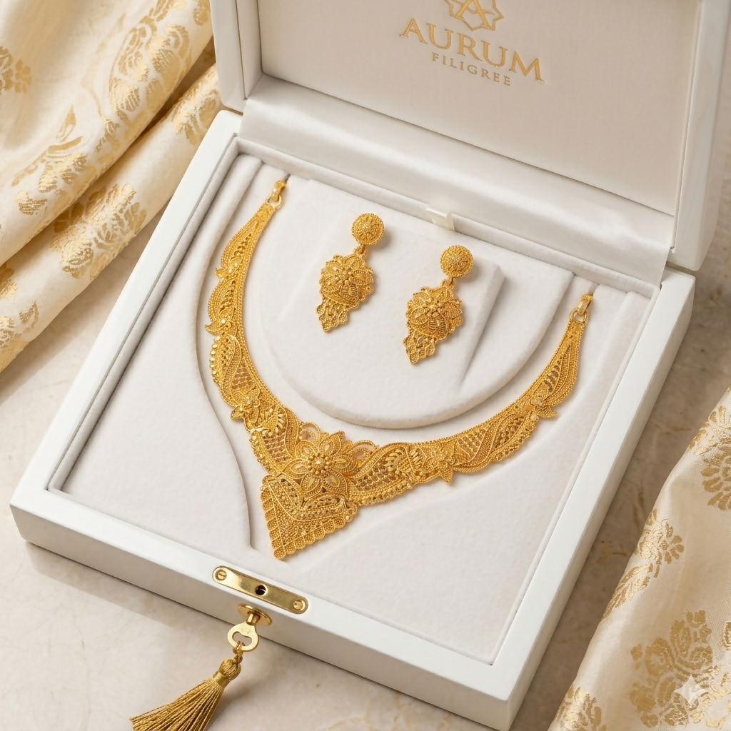 Gold-Tone Floral Necklace with Matching Earrings for Wedding & Festive Wear