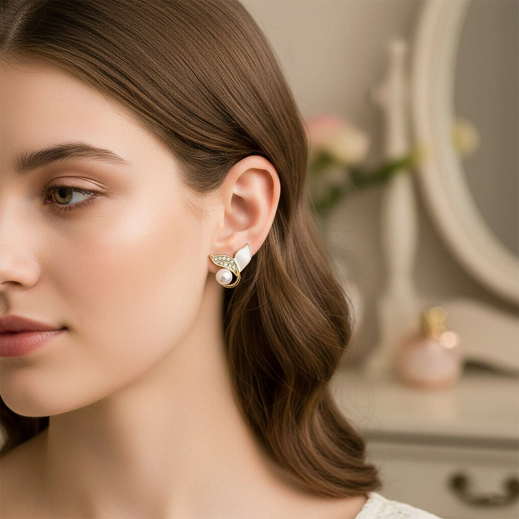 Pearl Leaf Stud Earrings – Elegant Korean Gold Plated Jewellery