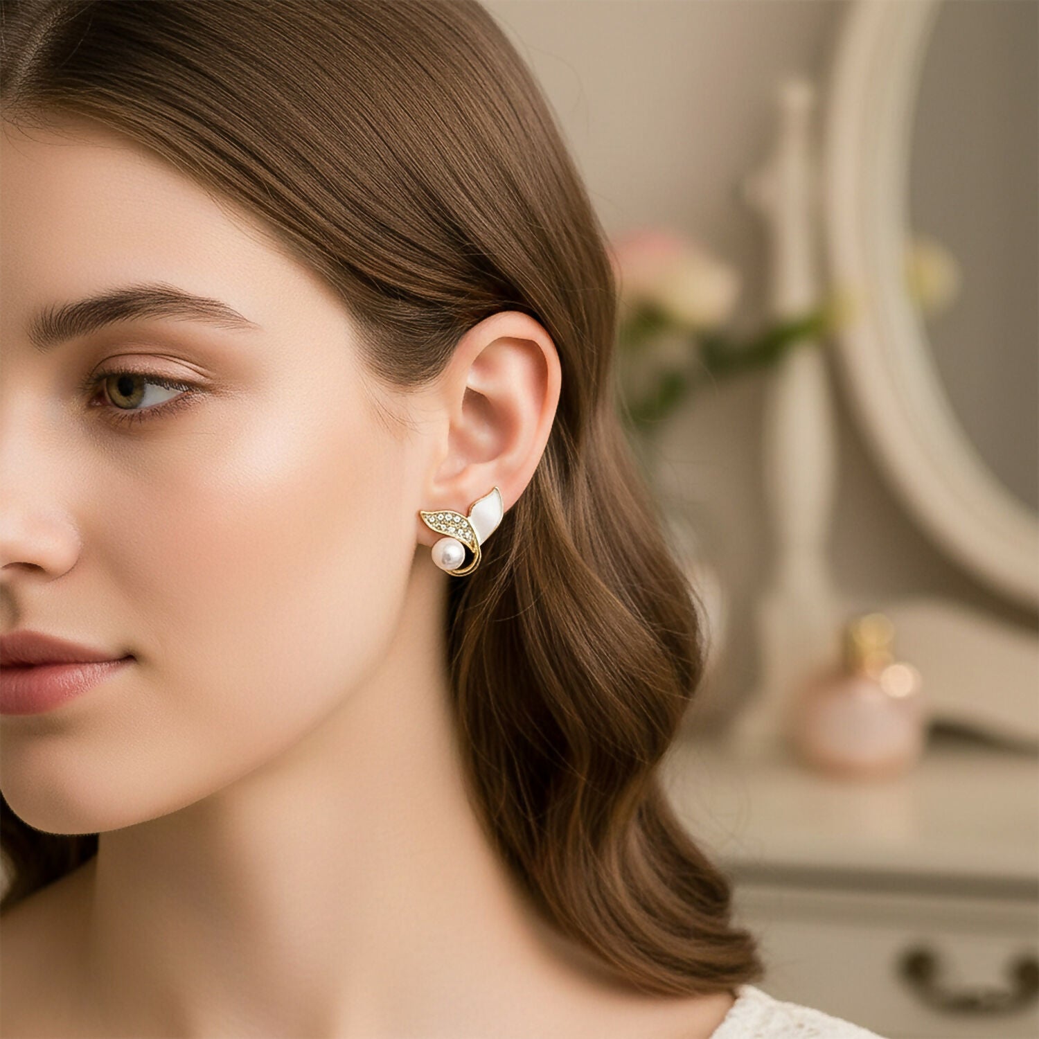 Pearl Leaf Stud Earrings – Elegant Korean Gold Plated Jewellery