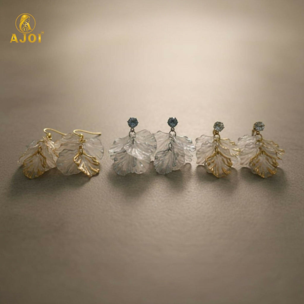 Transparent Leaf Drop Earrings Set – Elegant 3-Pair Combo in Gold & Silver