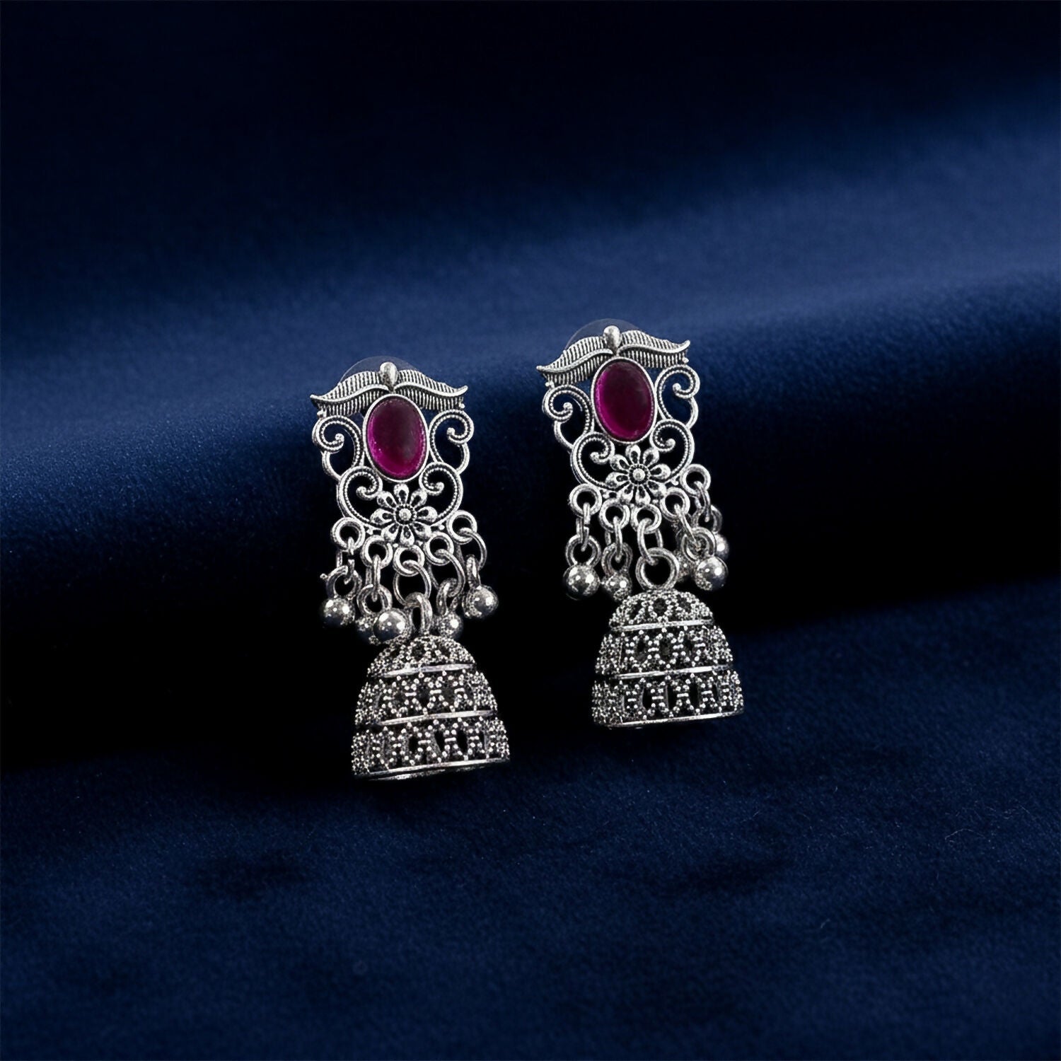 Silver Jhumka Earrings – Traditional Pink Stone & Filigree