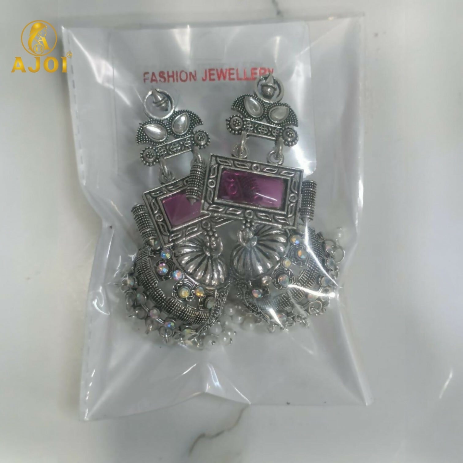 Oxidized Silver Jhumka Earrings – Royal Blush Pink Stone Design