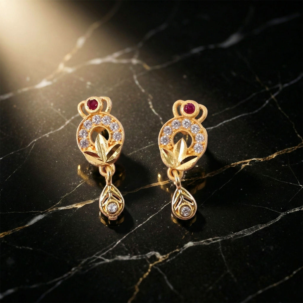 Gold Floral Drop Earrings with Ruby Centerpiece – Elegant Statement