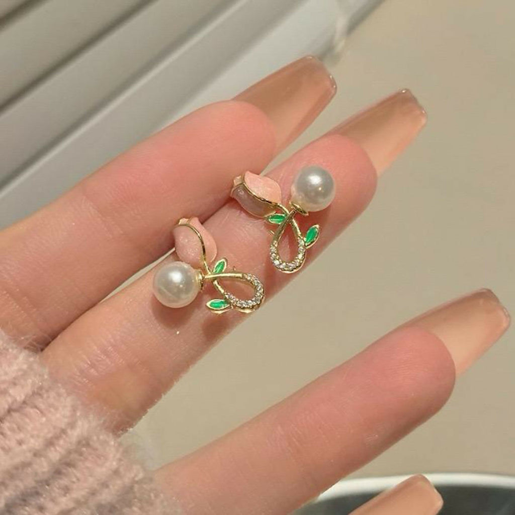 Pink Tulip Pearl Earrings – Elegant Korean Style Accessories