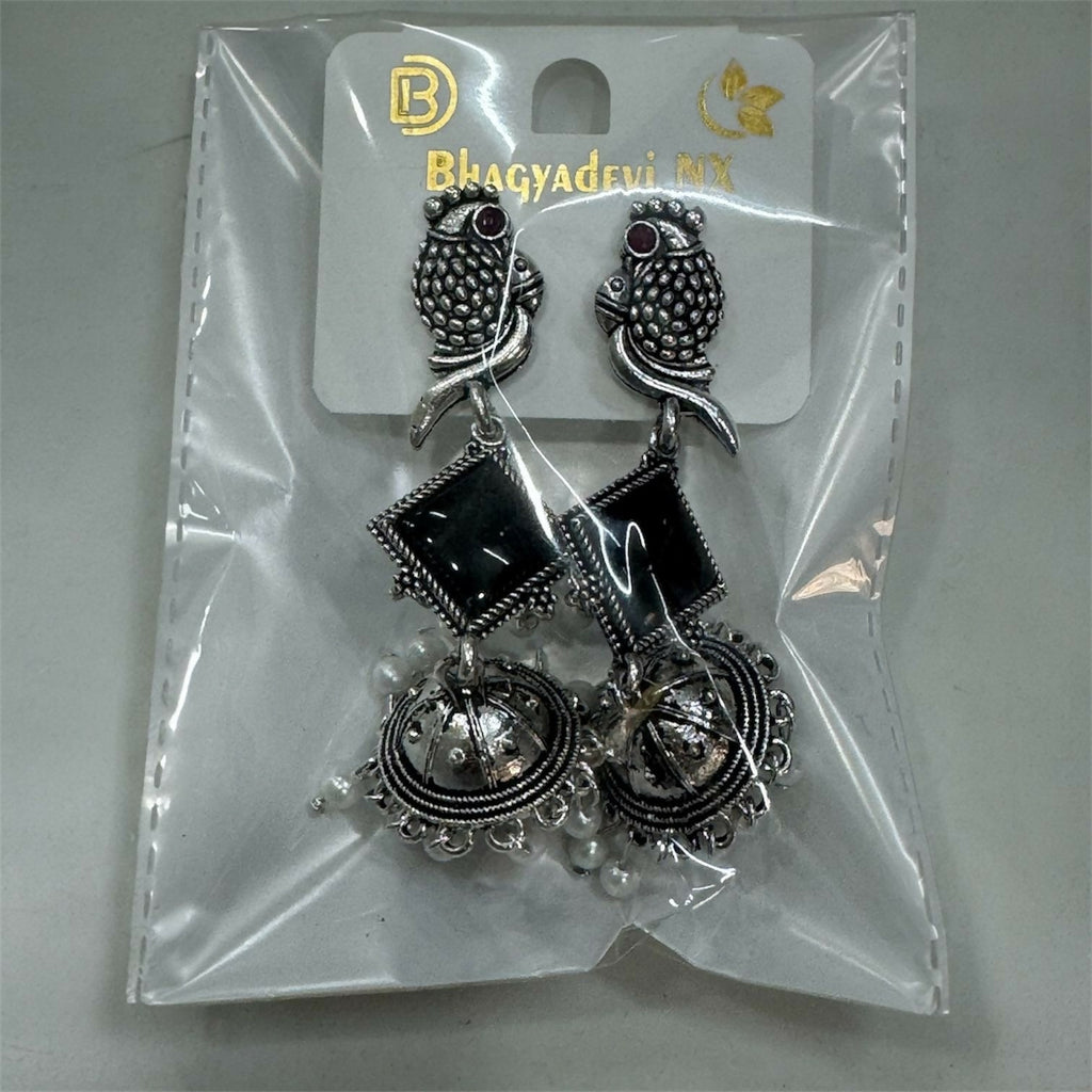 Oxidised Silver Parrot Design Jhumka Earrings with Black Stones